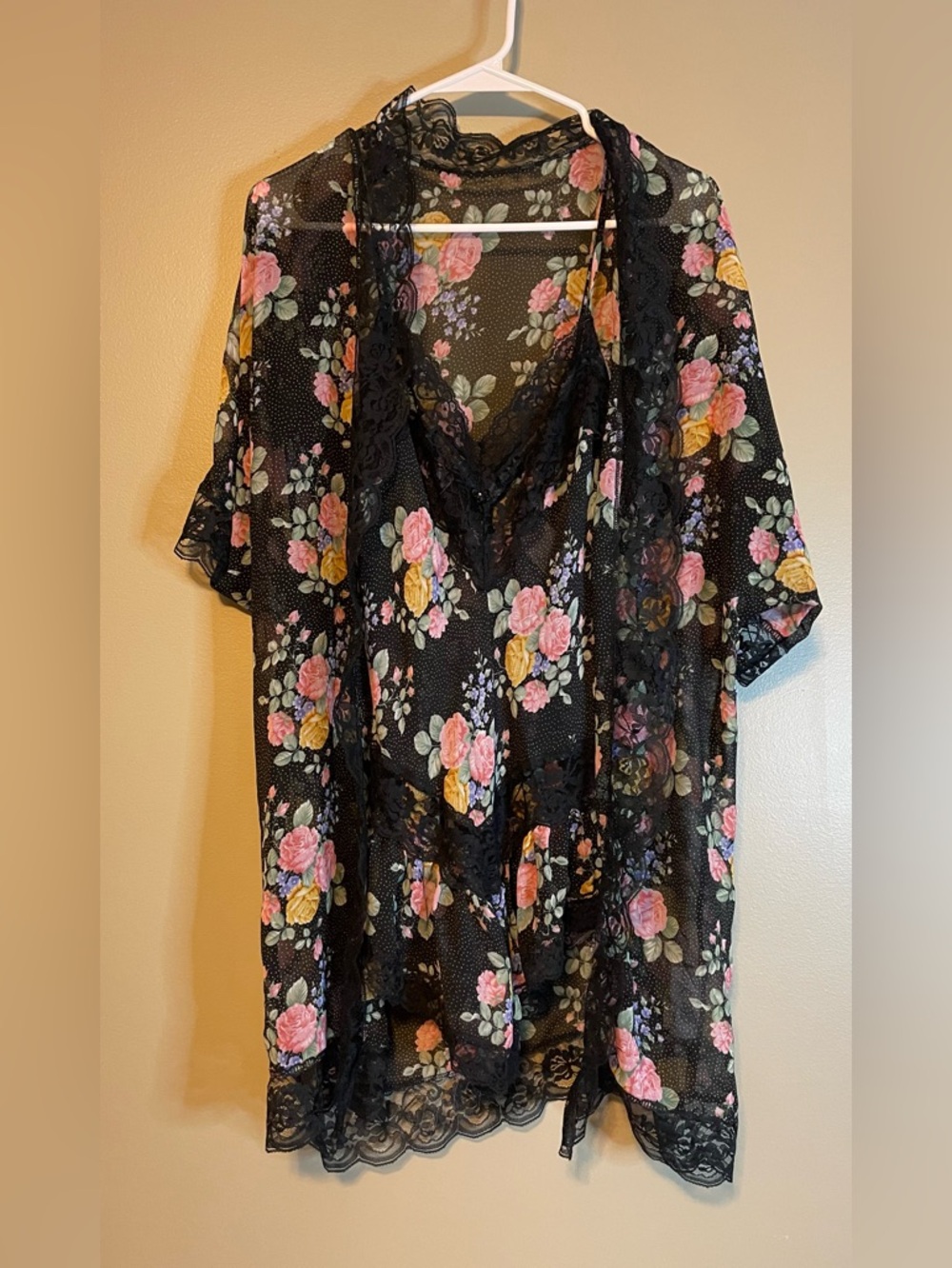 Vintage 1980’s Erica Taylor 2 Piece Floral Lace Sheer Teddy Romper & Robe Set